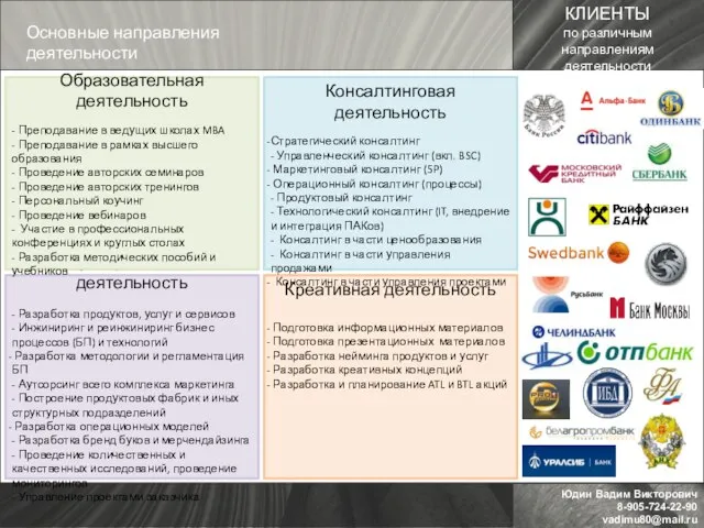 Основные направления деятельности Креативная деятельность Подготовка информационных материалов Подготовка презентационных материалов Разработка