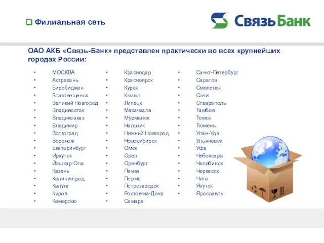 Филиальная сеть ОАО АКБ «Связь-Банк» представлен практически во всех крупнейших городах России: