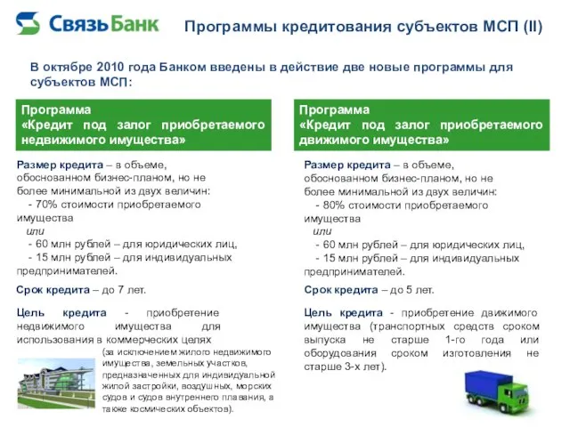 Программы кредитования субъектов МСП (II) Программа «Кредит под залог приобретаемого недвижимого имущества»