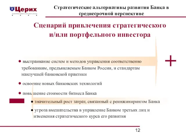 Стратегические альтернативы развития Банка в среднесрочной перспективе Сценарий привлечения стратегического и/или портфельного