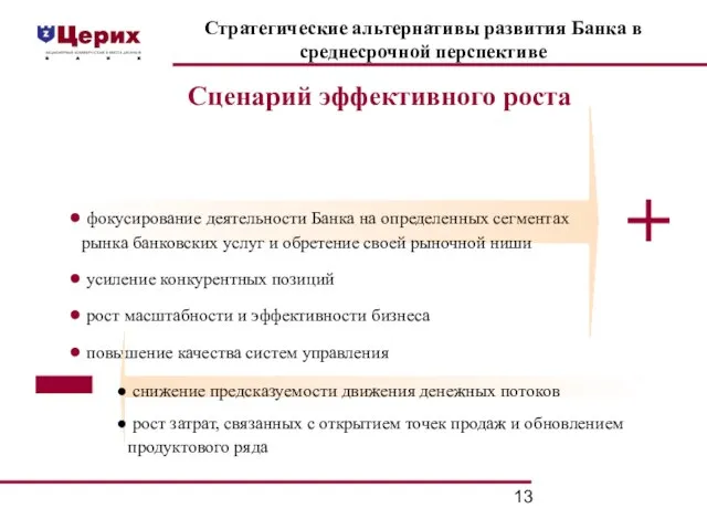 Стратегические альтернативы развития Банка в среднесрочной перспективе Сценарий эффективного роста фокусирование деятельности