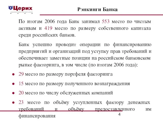 Рэнкинги Банка По итогам 2006 года Банк занимал 553 место по чистым