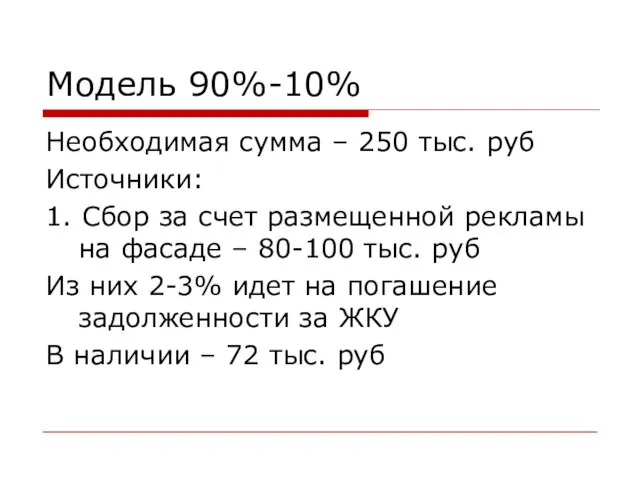 Модель 90%-10% Необходимая сумма – 250 тыс. руб Источники: 1. Сбор за