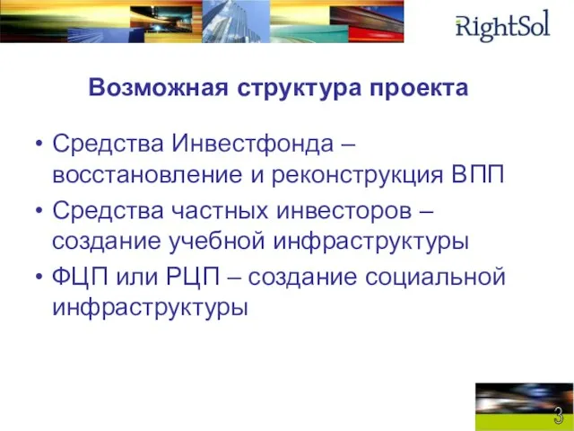 Возможная структура проекта Средства Инвестфонда – восстановление и реконструкция ВПП Средства частных