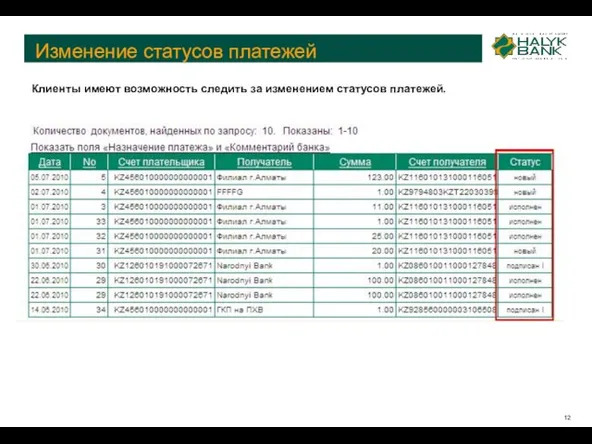 Изменение статусов платежей Клиенты имеют возможность следить за изменением статусов платежей.