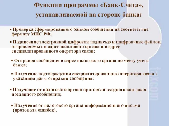 Функции программы «Банк-Счета», устанавливаемой на стороне банка: Отправка сообщения в адрес налогового