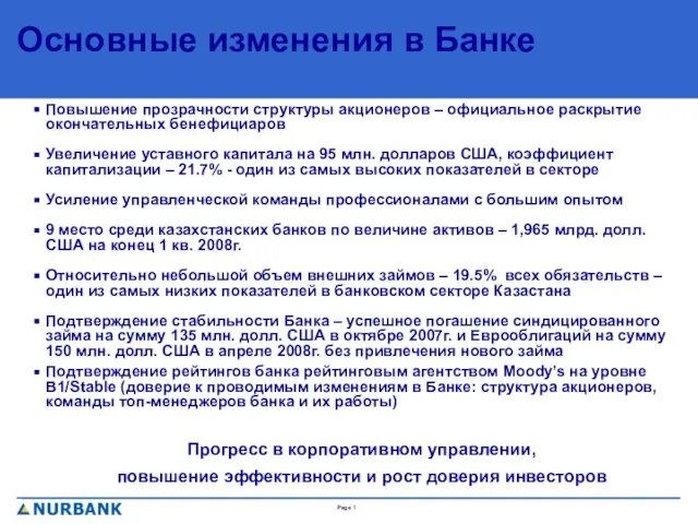 Основные изменения в Банке Повышение прозрачности структуры акционеров – официальное раскрытие окончательных