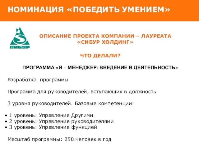 НОМИНАЦИЯ «ПОБЕДИТЬ УМЕНИЕМ» ОПИСАНИЕ ПРОЕКТА КОМПАНИИ – ЛАУРЕАТА «СИБУР ХОЛДИНГ» ЧТО ДЕЛАЛИ?