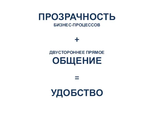 ПРОЗРАЧНОСТЬ БИЗНЕС-ПРОЦЕССОВ + ДВУСТОРОННЕЕ ПРЯМОЕ ОБЩЕНИЕ = УДОБСТВО