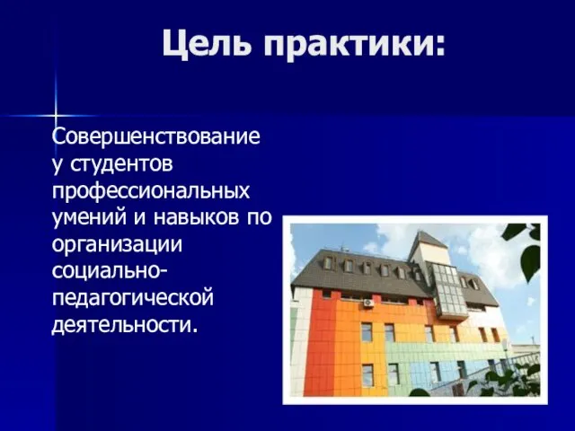 Цель практики: Совершенствование у студентов профессиональных умений и навыков по организации социально-педагогической деятельности.