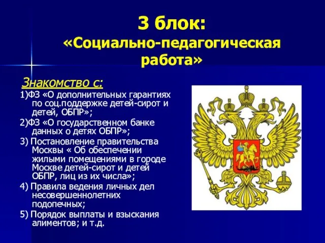 3 блок: «Социально-педагогическая работа» Знакомство с: 1)ФЗ «О дополнительных гарантиях по соц.поддержке