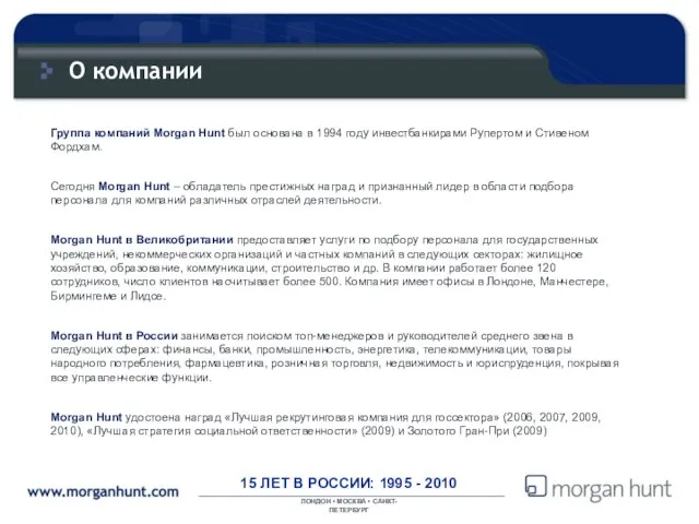 О компании Группа компаний Morgan Hunt был основана в 1994 году инвестбанкирами