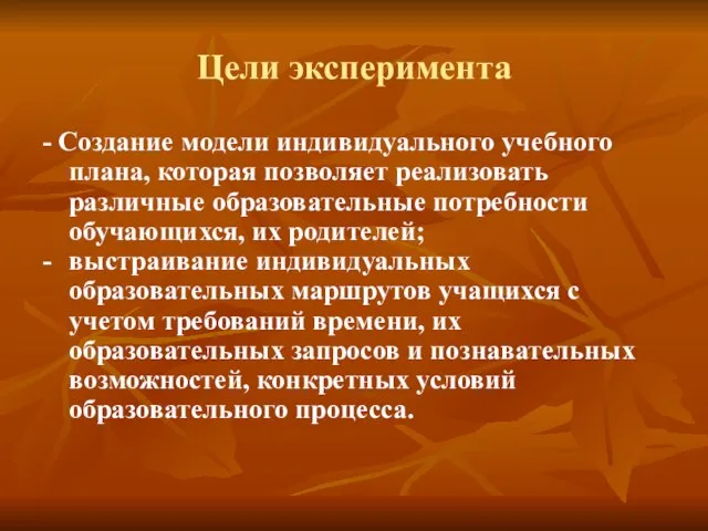 Цели эксперимента - Создание модели индивидуального учебного плана, которая позволяет реализовать различные