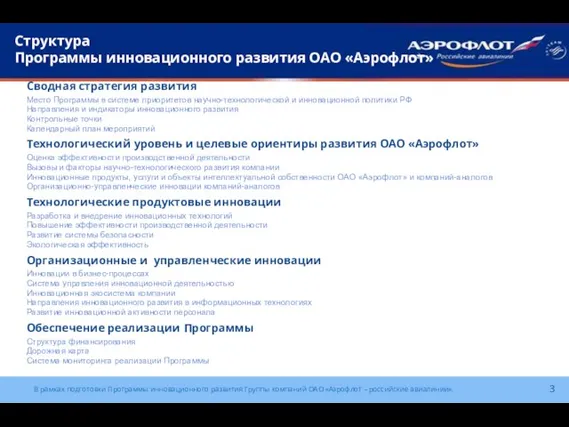 Структура Программы инновационного развития ОАО «Аэрофлот» Сводная стратегия развития Место Программы в