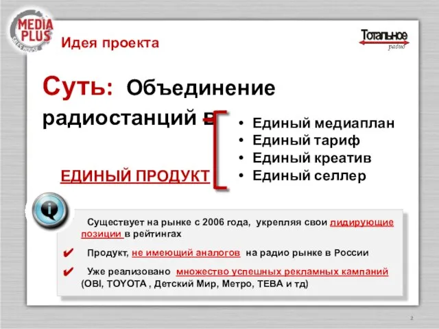 Идея проекта Существует на рынке с 2006 года, укрепляя свои лидирующие позиции