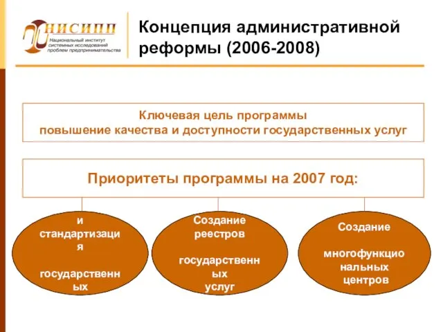 Концепция административной реформы (2006-2008) Ключевая цель программы повышение качества и доступности государственных