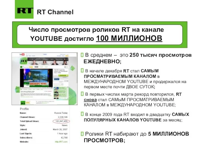 RT Channel Число просмотров роликов RT на канале YOUTUBE достигло 100 МИЛЛИОНОВ