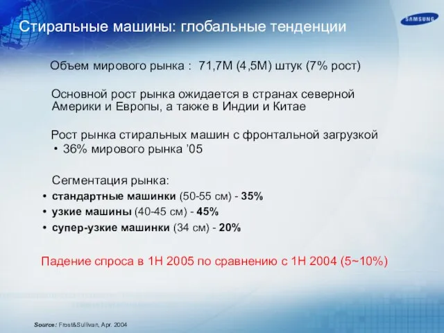 Стиральные машины: глобальные тенденции Объем мирового рынка : 71,7М (4,5М) штук (7%