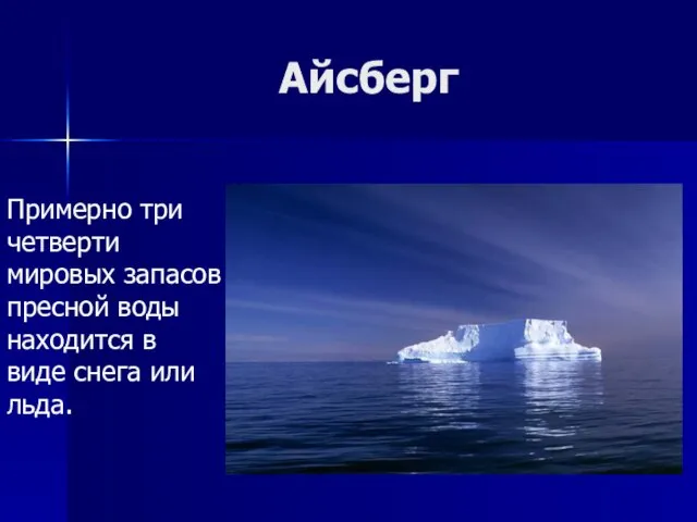 Айсберг Примерно три четверти мировых запасов пресной воды находится в виде снега или льда.