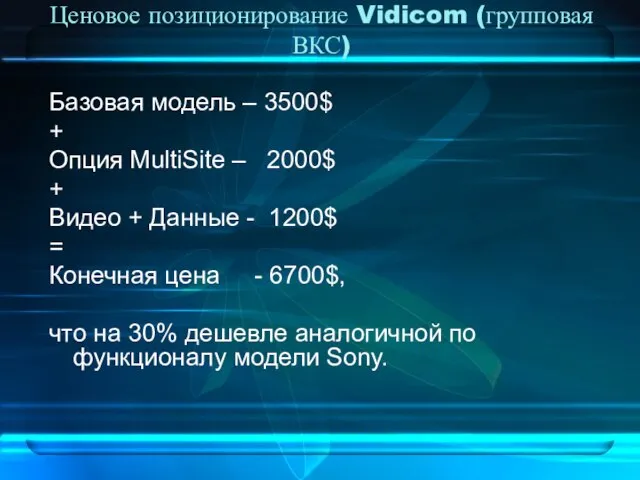 Ценовое позиционирование Vidicom (групповая ВКС) Базовая модель – 3500$ + Опция MultiSite