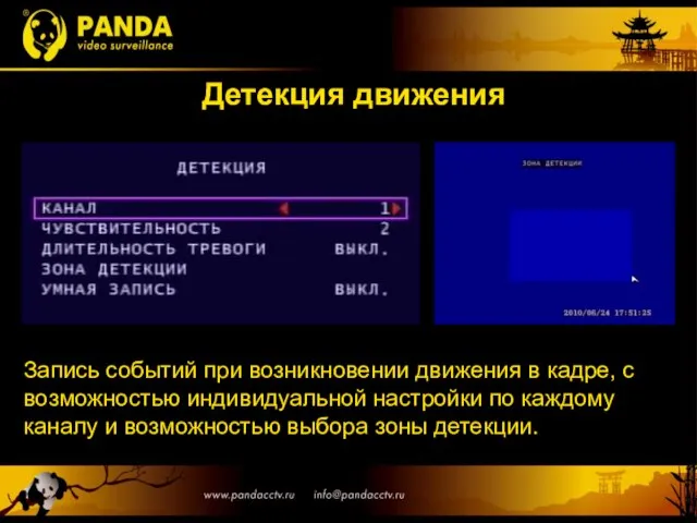 Детекция движения Запись событий при возникновении движения в кадре, с возможностью индивидуальной