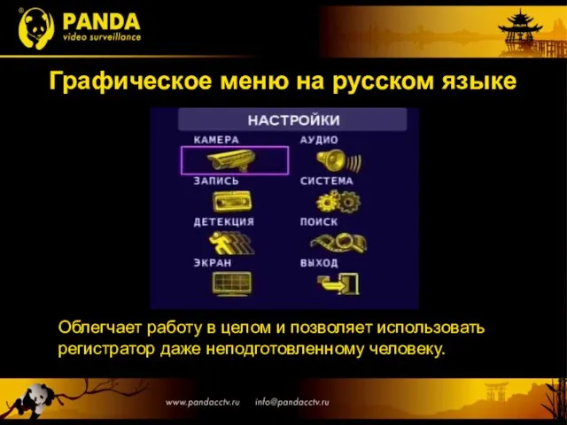 Графическое меню на русском языке Облегчает работу в целом и позволяет использовать регистратор даже неподготовленному человеку.