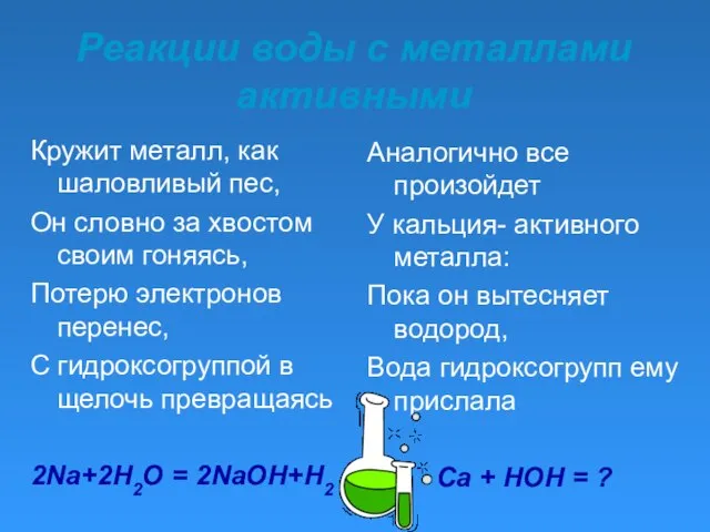 Реакции воды с металлами активными Кружит металл, как шаловливый пес, Он словно