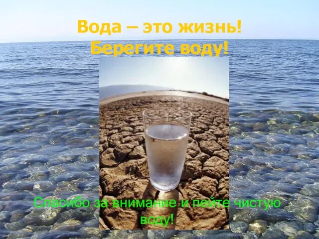 Вода – это жизнь! Берегите воду! Спасибо за внимание и пейте чистую воду!