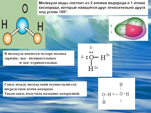 Молекула воды состоит из 2 атомов водорода и 1 атома кислорода, которые