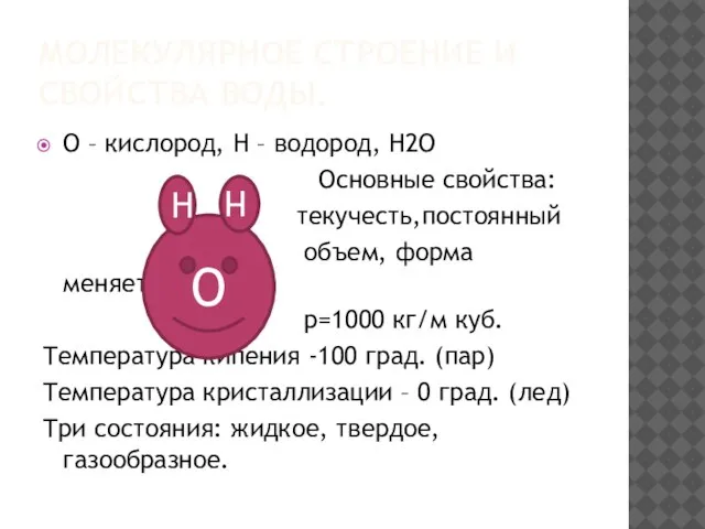 МОЛЕКУЛЯРНОЕ СТРОЕНИЕ И СВОЙСТВА ВОДЫ. О – кислород, Н – водород, Н2О