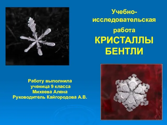 Учебно-исследовательская работа КРИСТАЛЛЫ БЕНТЛИ Работу выполнила ученица 9 класса Михеева Алена Руководитель Кайгородова А.В.