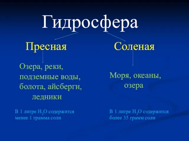 Гидросфера Пресная Соленая Озера, реки, подземные воды, болота, айсберги, ледники Моря, океаны,