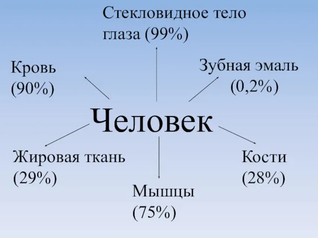 Человек Кровь (90%) Жировая ткань (29%) Мышцы (75%) Кости (28%) Зубная эмаль