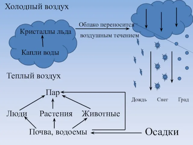 Холодный воздух Теплый воздух Осадки Дождь Снег Град Капли воды Кристаллы льда