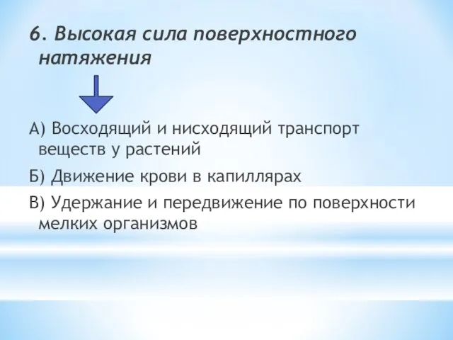 6. Высокая сила поверхностного натяжения А) Восходящий и нисходящий транспорт веществ у