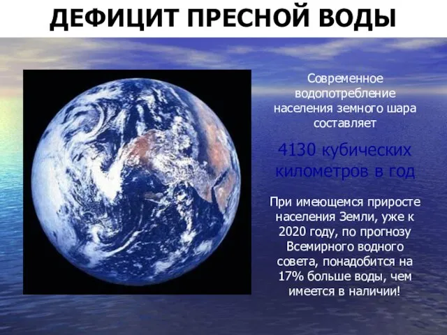 ДЕФИЦИТ ПРЕСНОЙ ВОДЫ Современное водопотребление населения земного шара составляет 4130 кубических километров