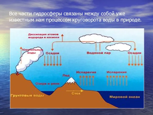 Все части гидросферы связаны между собой уже известным нам процессом круговорота воды в природе.