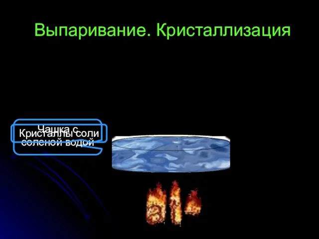 Выпаривание. Кристаллизация Чашка с соленой водой Кристаллы соли