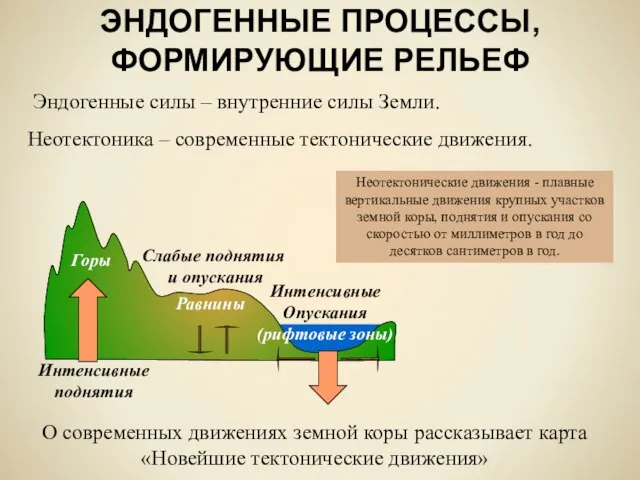 ЭНДОГЕННЫЕ ПРОЦЕССЫ, ФОРМИРУЮЩИЕ РЕЛЬЕФ Неотектонические движения - плавные вертикальные движения крупных участков