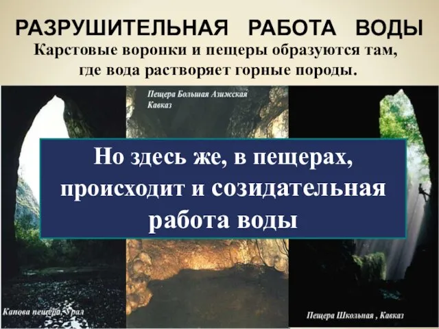 РАЗРУШИТЕЛЬНАЯ РАБОТА ВОДЫ Карстовые воронки и пещеры образуются там, где вода растворяет