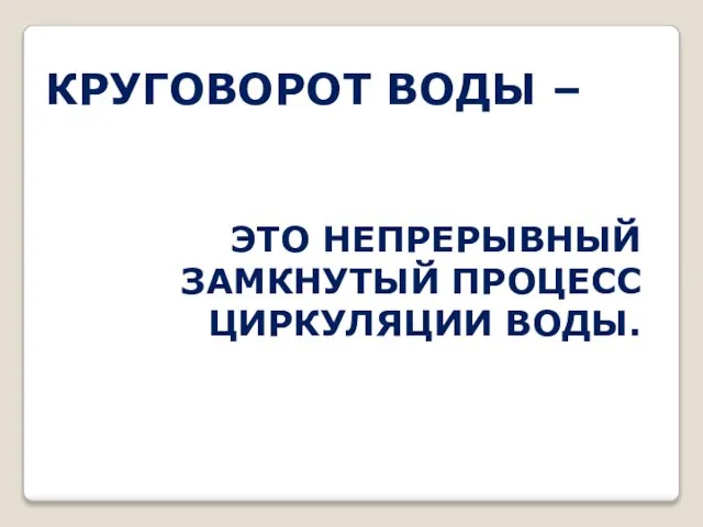 КРУГОВОРОТ ВОДЫ – ЭТО НЕПРЕРЫВНЫЙ ЗАМКНУТЫЙ ПРОЦЕСС ЦИРКУЛЯЦИИ ВОДЫ.