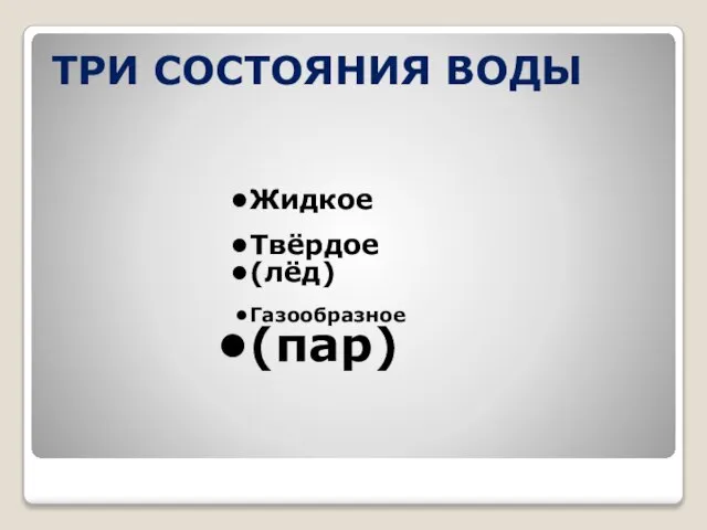 Жидкое Твёрдое (лёд) Газообразное (пар) ТРИ СОСТОЯНИЯ ВОДЫ