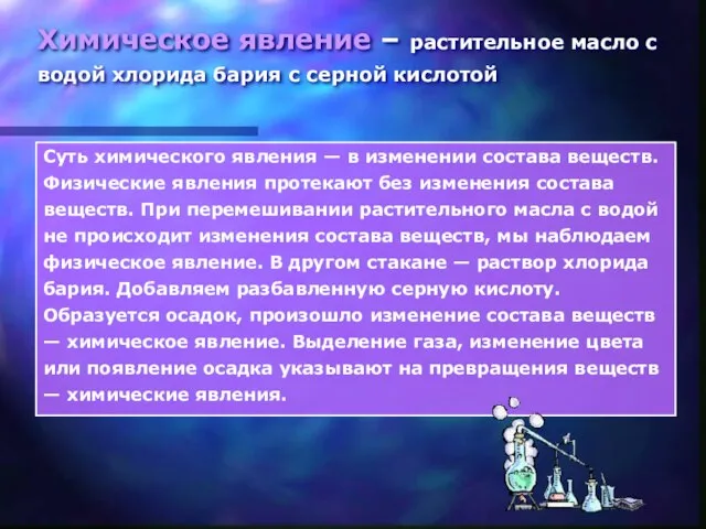 Химическое явление – растительное масло с водой хлорида бария с серной кислотой