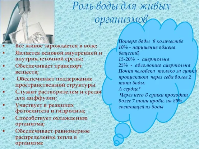 Роль воды для живых организмов Все живое зарождается в воде; Является основой