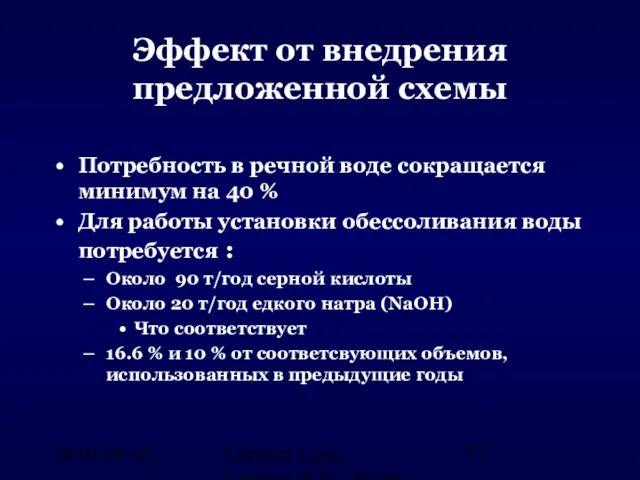 2010-05-05. Lőrincz Lajos, Lőrincz & Co. Water Engineering, Hungary Эффект от внедрения