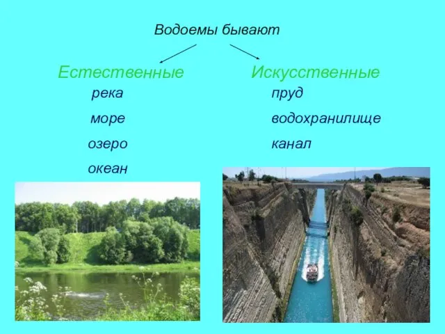 Водоемы бывают Естественные Искусственные река море озеро океан пруд водохранилище канал