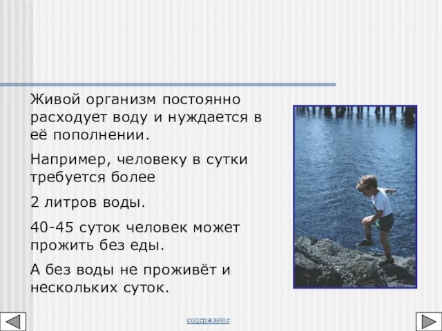 Живой организм постоянно расходует воду и нуждается в её пополнении. Например, человеку