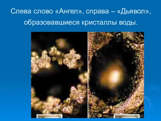 Слева слово «Ангел», справа – «Дьявол», образовавшиеся кристаллы воды.