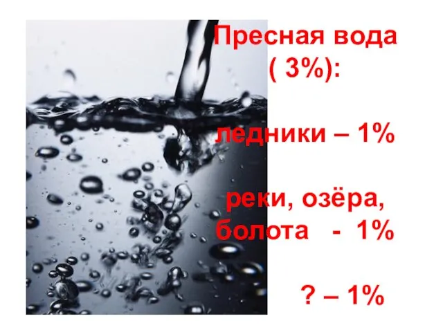 Пресная вода ( 3%): ледники – 1% реки, озёра, болота - 1% ? – 1%