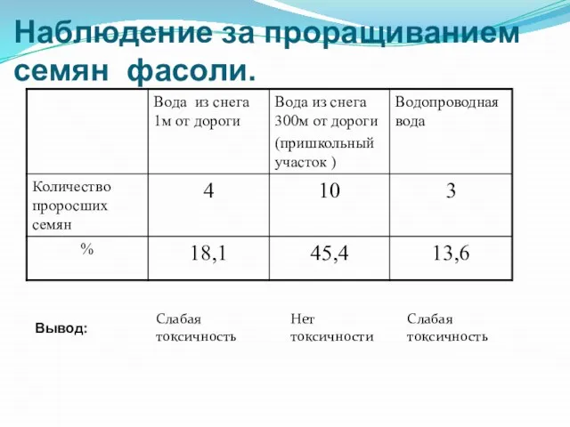 Наблюдение за проращиванием семян фасоли. Вывод: Слабая токсичность Нет токсичности Слабая токсичность